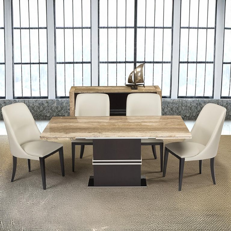 Lugano Dining Table - Marble and Wood with Extending Pedestal Base - Variation Available