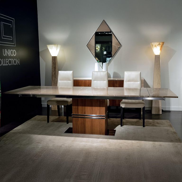 Lugano Dining Table - Marble and Wood with Extending Pedestal Base - Variation Available