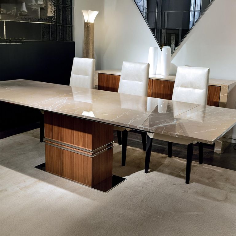 Lugano Dining Table - Marble and Wood with Extending Pedestal Base - Variation Available