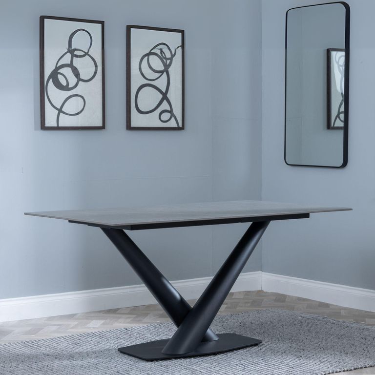 Maldon 6 Seater Grey Ceramic Dining Table with Black V Base - 160cm