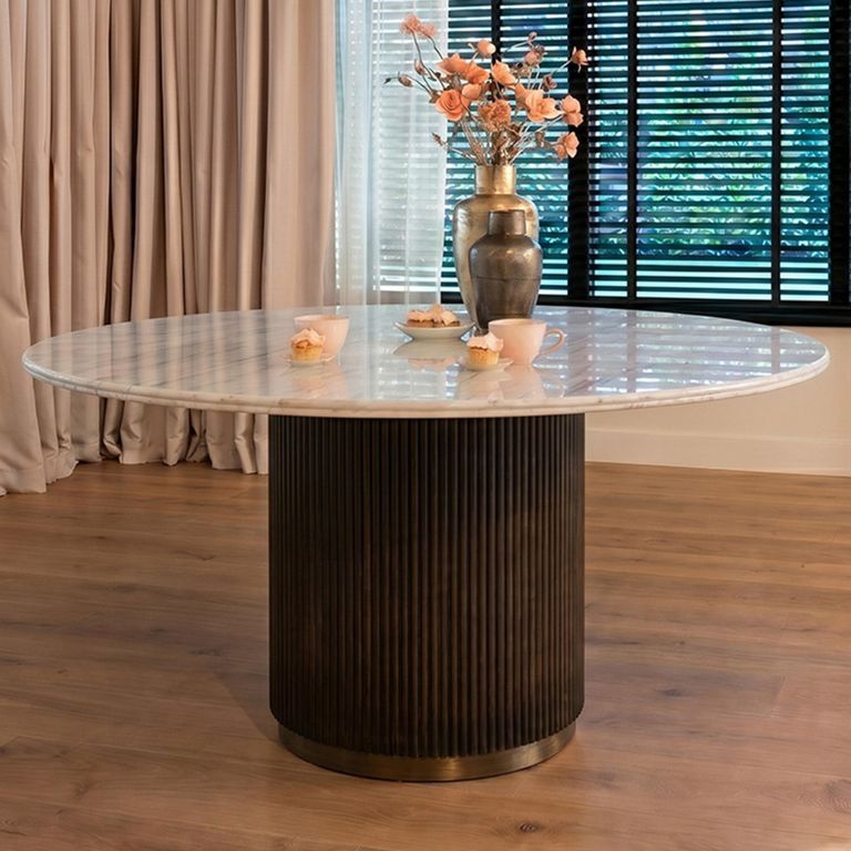 Mayfield White Marble Top 6 Seater Round Dining Table - Dark Wood Fluted Pedestal Base