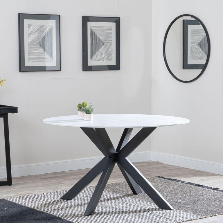 Novara 4 Seater White Ceramic Round Dining Table with Black Star Base - 130cm
