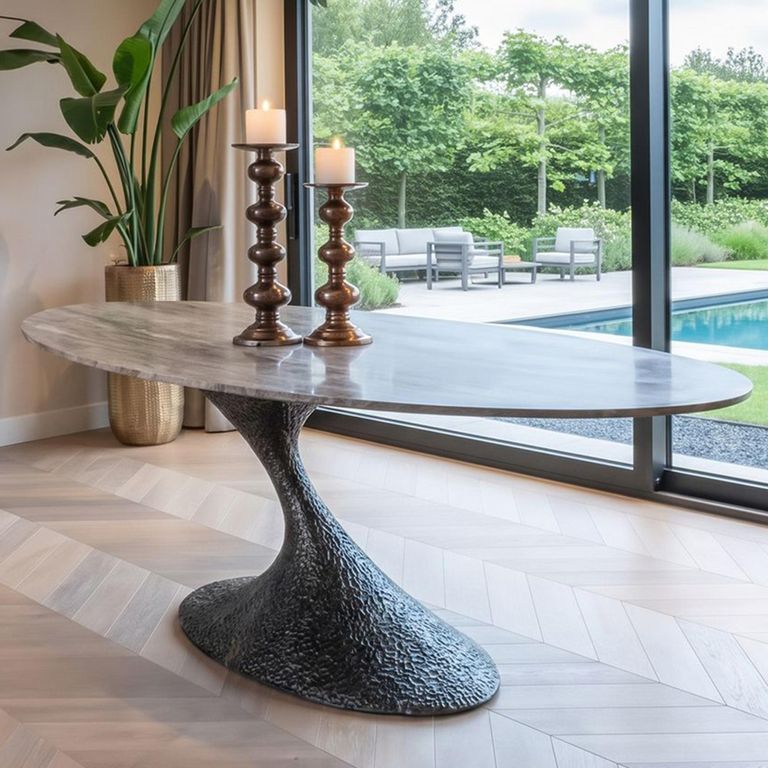 Russo Dining Table - 235cm - 10 Seater - Ellipse - Ash Brown - Travertine Top and Aluminium