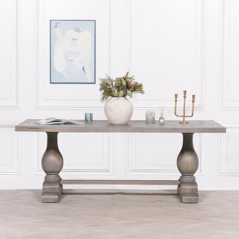 Rustic Grey Washed Mango Wood Double Pedestal Dining Table - 8 Seater - 210cm