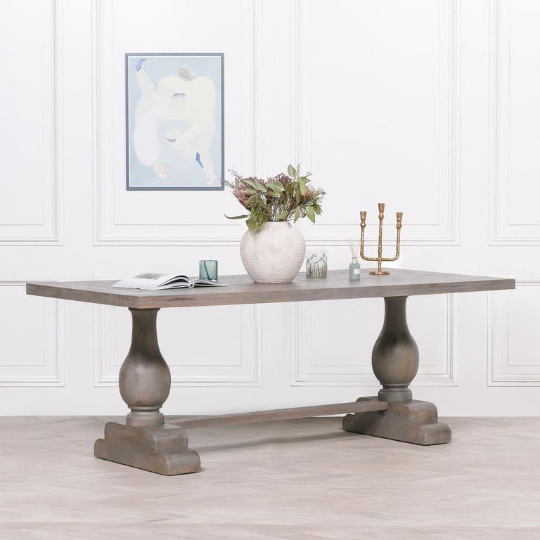 Rustic Grey Washed Mango Wood Double Pedestal Dining Table - 8 Seater - 210cm