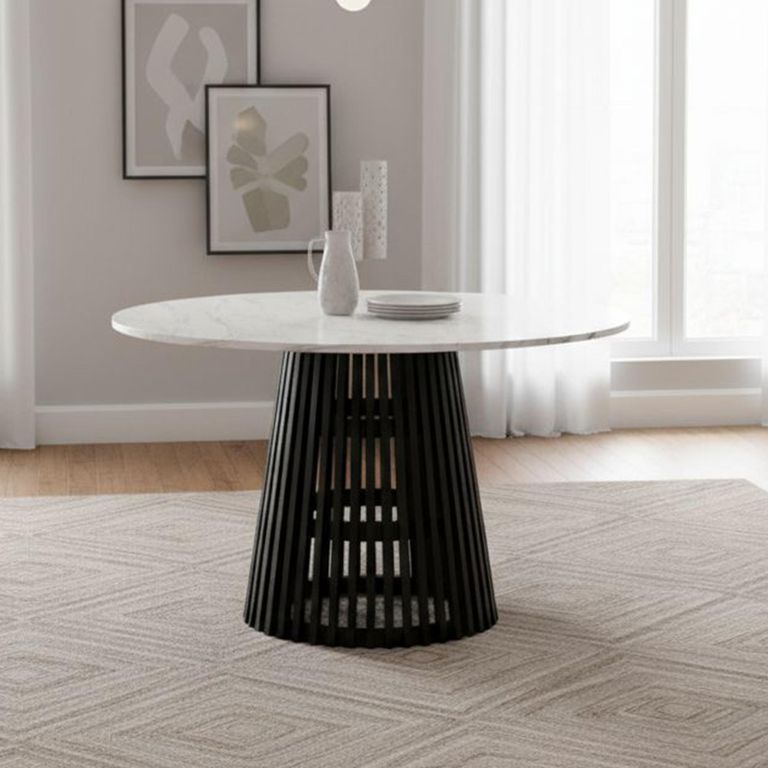 Soho Black Round Dining Table - Slatted Base - 4 Seater - 120cm - White Marble Top