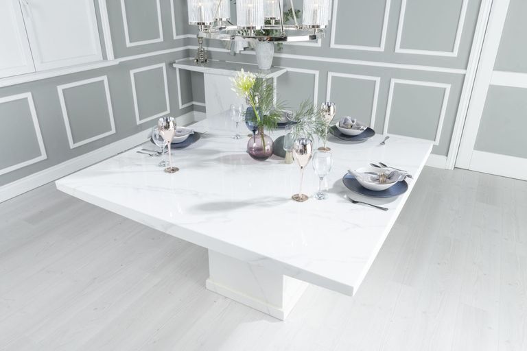 Turin 8 Seater White Marble Square Dining Table - 140cm