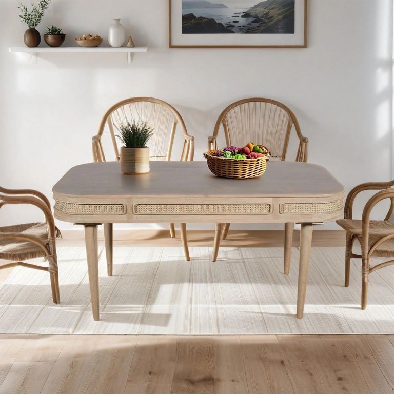 Vance Curved Natural Rattan and Mango Wood 6 Seater Dining Table