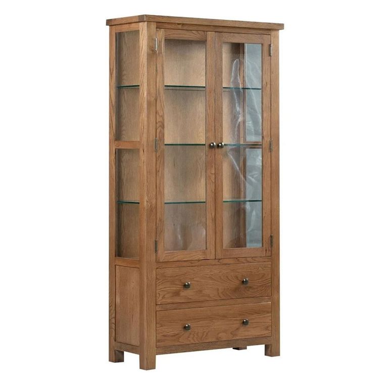 Original Display Cabinet - 2 Door 2 Drawer Glazed - Rustic Oak
