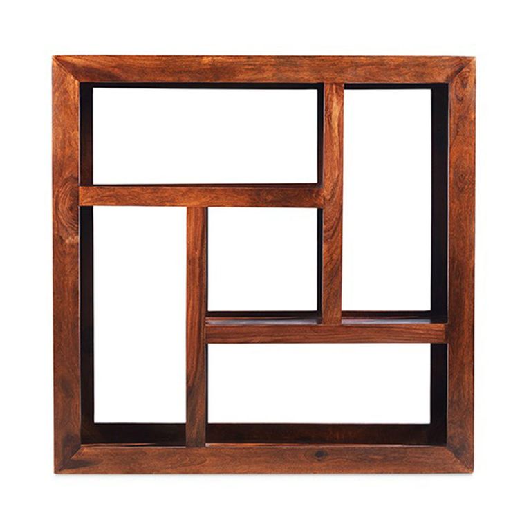 Cube Honey Lacquered Sheesham Geometric Open Display Unit, 2 Shelves Shelving Unit
