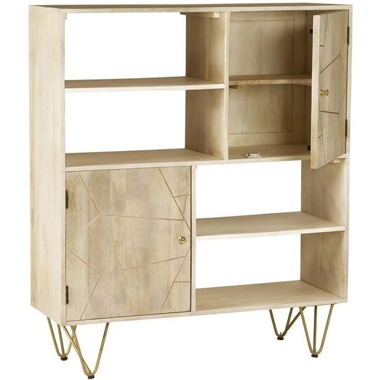 Display Cabinet - 2 Door - Hairpin Legs - Gold Geometric Inlay - Light Mango Wood
