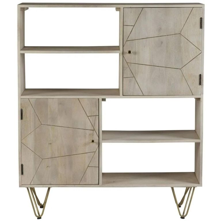 Display Cabinet - 2 Door - Hairpin Legs - Gold Geometric Inlay - Light Mango Wood