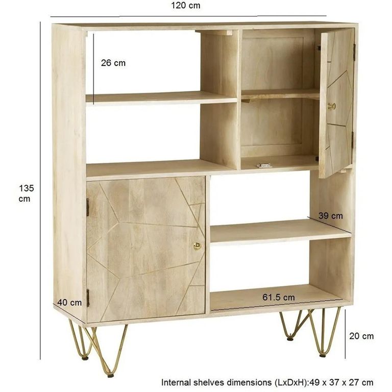 Display Cabinet - 2 Door - Hairpin Legs - Gold Geometric Inlay - Light Mango Wood
