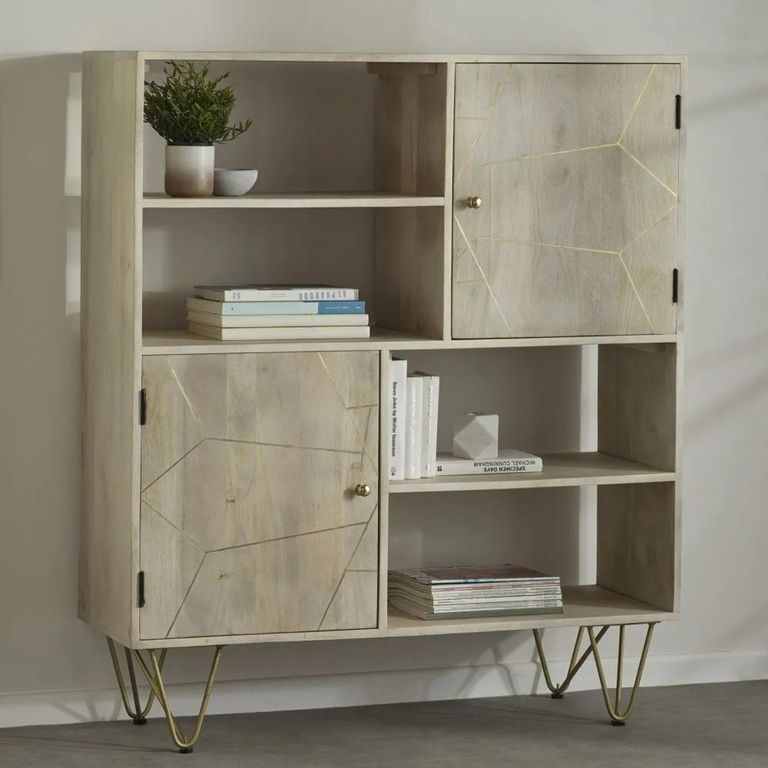 Display Cabinet - 2 Door - Hairpin Legs - Gold Geometric Inlay - Light Mango Wood