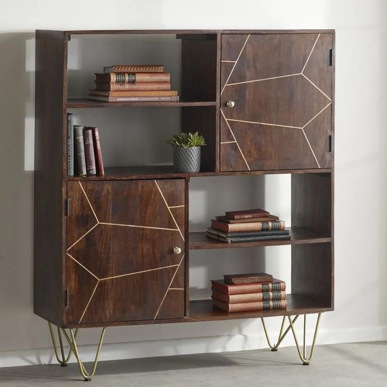 Display Cabinet - 2 Door - Hairpin Legs - Gold Geometric Inlay - Dark Mango Wood