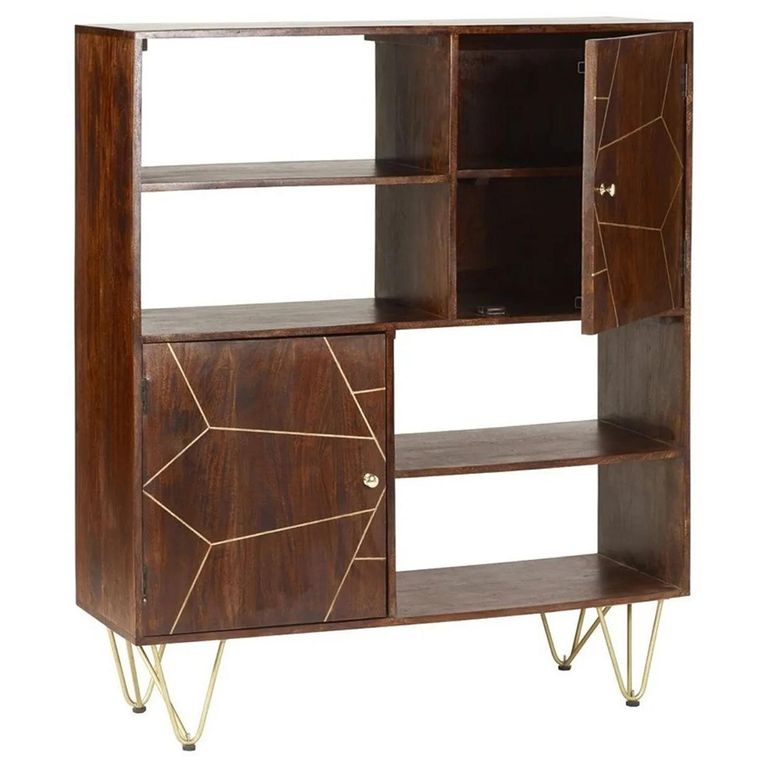 Display Cabinet - 2 Door - Hairpin Legs - Gold Geometric Inlay - Dark Mango Wood
