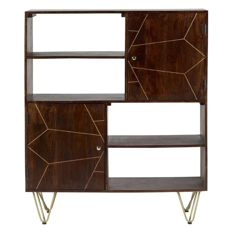 Display Cabinet - 2 Door - Hairpin Legs - Gold Geometric Inlay - Dark Mango Wood