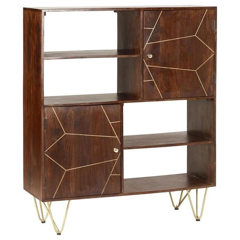 Display Cabinet - 2 Door - Hairpin Legs - Gold Geometric Inlay - Dark Mango Wood