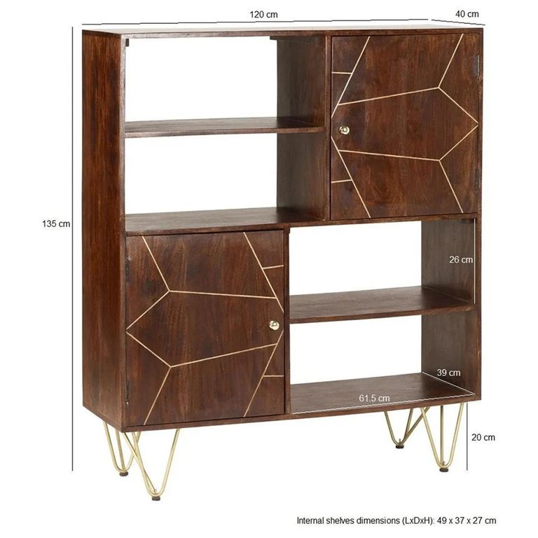 Display Cabinet - 2 Door - Hairpin Legs - Gold Geometric Inlay - Dark Mango Wood