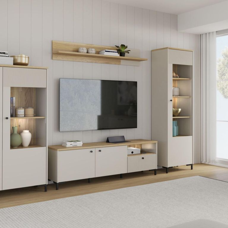 Bixbite Display Cabinet - 1 Door - Tall - Fluted - Light Oak and Sand