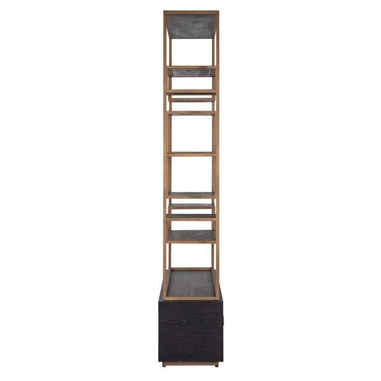 Hunter Black Oak Storage Shelving Unit with Gold Trim