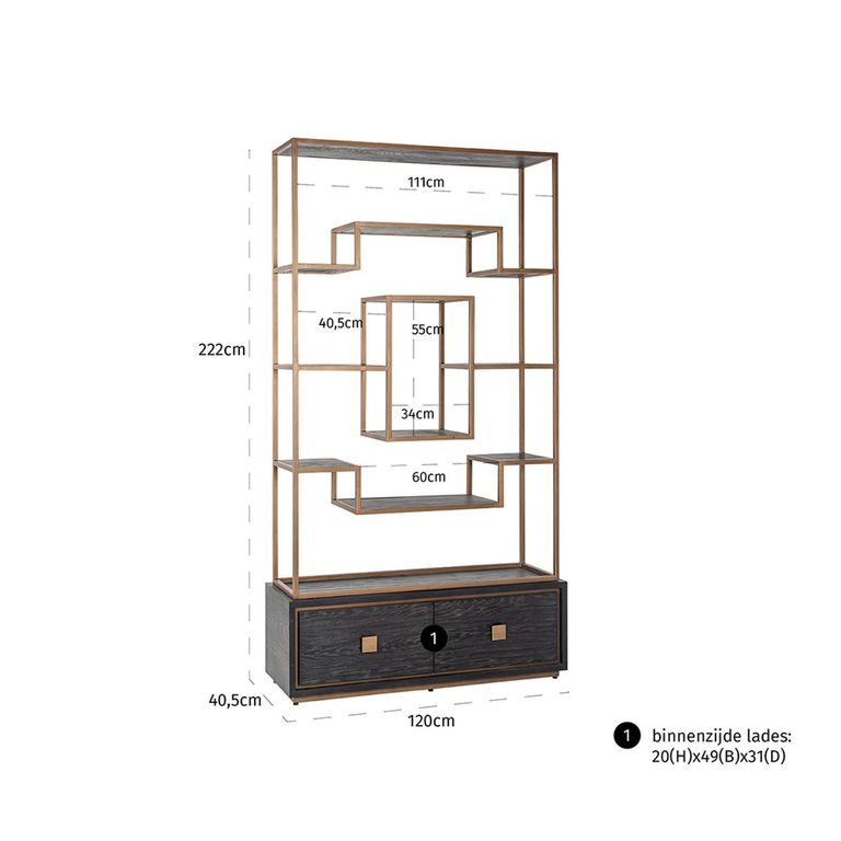 Hunter Black Oak Storage Shelving Unit with Gold Trim