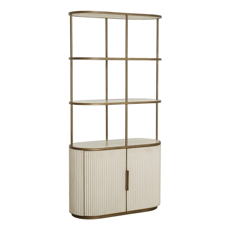 Tivoli Fluted Shelving Unit - 2 Door - with Gold Trim - White - Ceramic