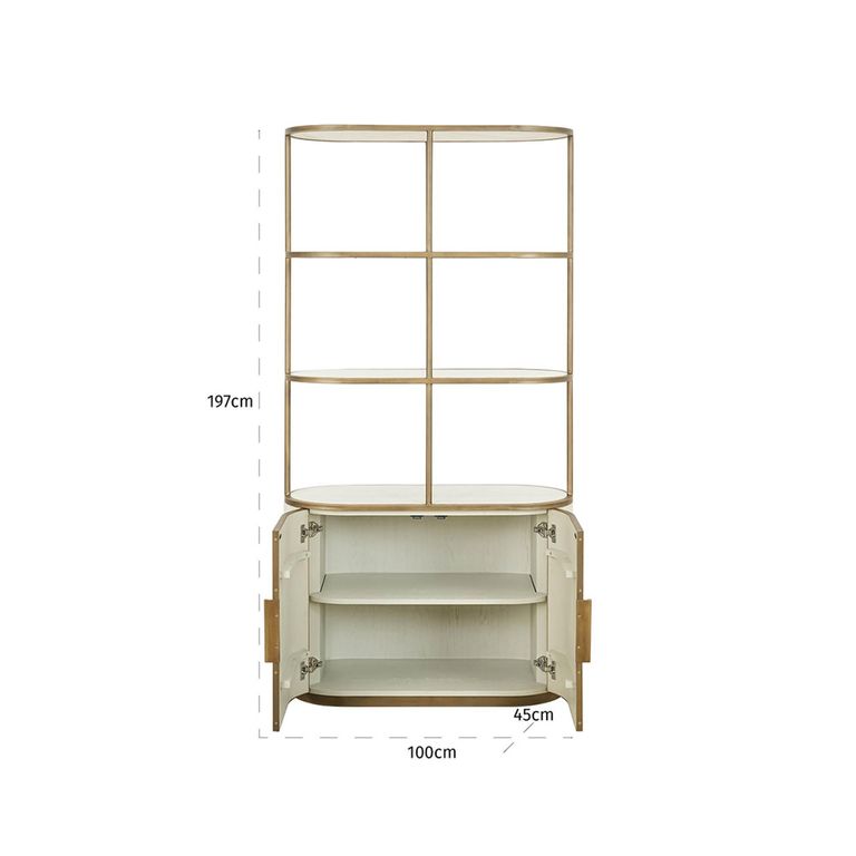 Tivoli Fluted Shelving Unit - 2 Door - with Gold Trim - White - Ceramic