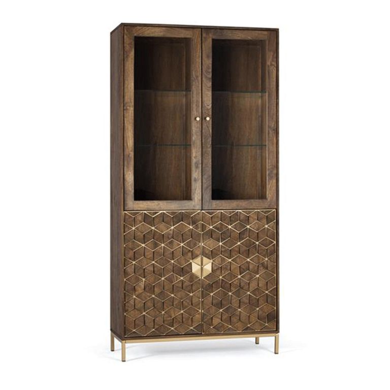 Caltan Display Cabinet - 4 Door - Walnut Mango Wood and Gold - Geometric