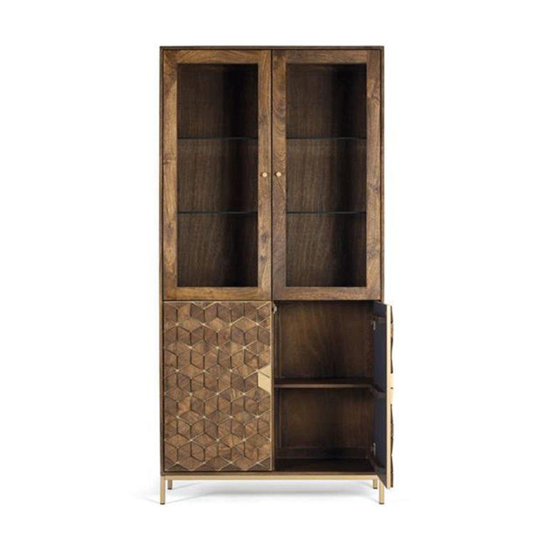 Caltan Display Cabinet - 4 Door - Walnut Mango Wood and Gold - Geometric