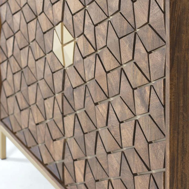 Caltan Display Cabinet - 4 Door - Walnut Mango Wood and Gold - Geometric