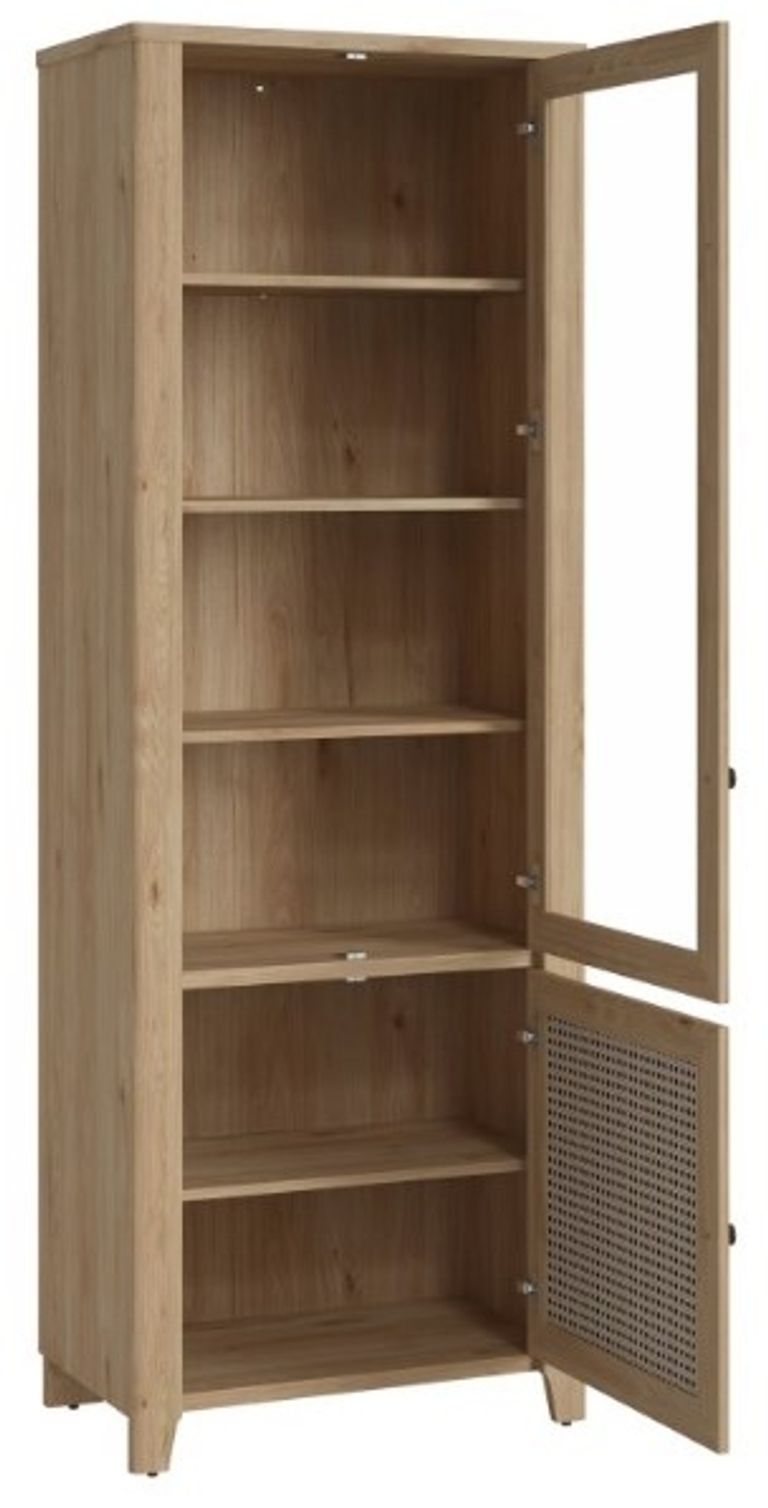 Cestino Oak and Rattan Effect 2 Door Narrow Display Cabinet