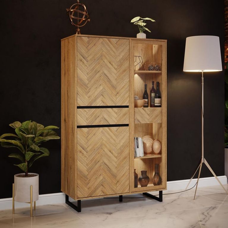 Chevron Oak Effect Display Cabinet