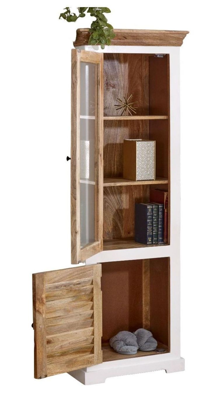 Coastal White and Wood Narrow Display Cabinet