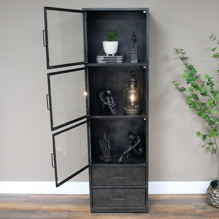 Display Cabinet - Black Metal - 3 Door - Narrow