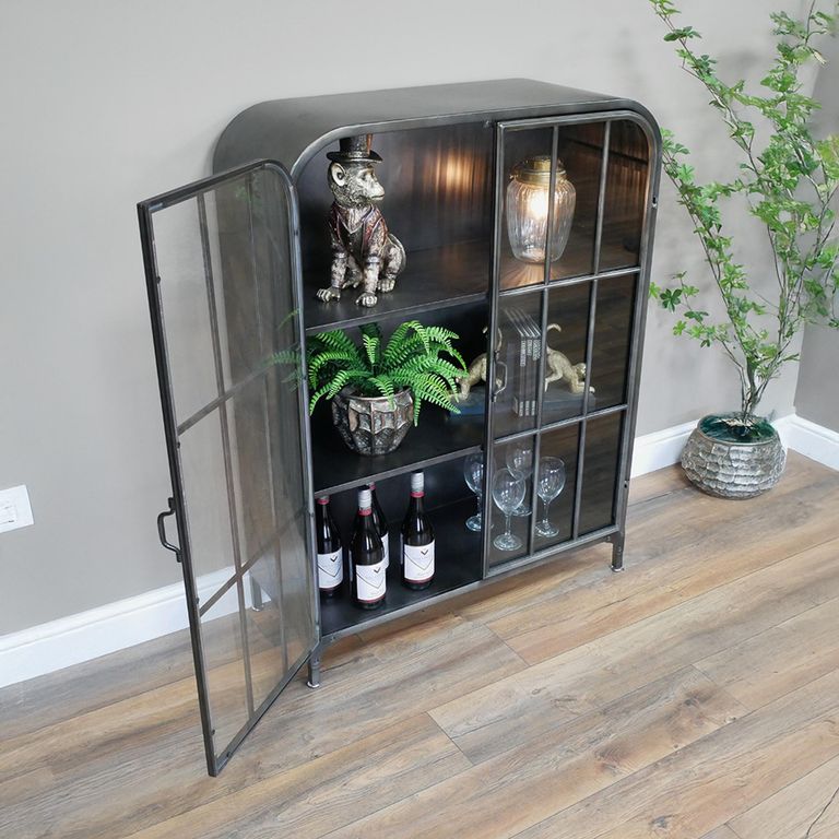 Display Cabinet - Black Metal and Glass - 2 Door - Curved
