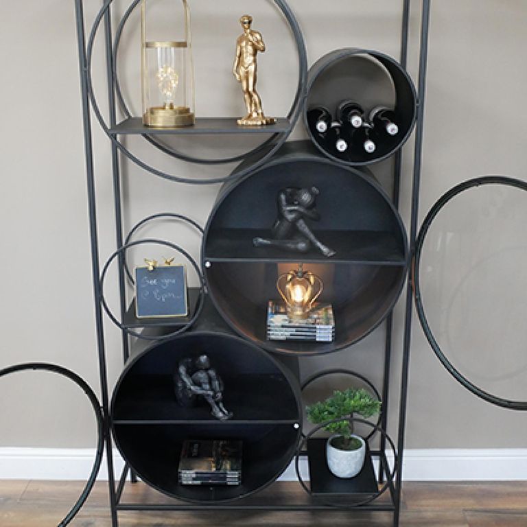 Display Cabinet - Black Metal and Glass - Round Shelves