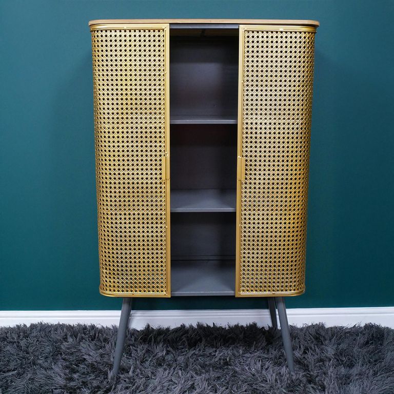 Display Cabinet - Industrial - Gold Metal and Rattan - 2 Door
