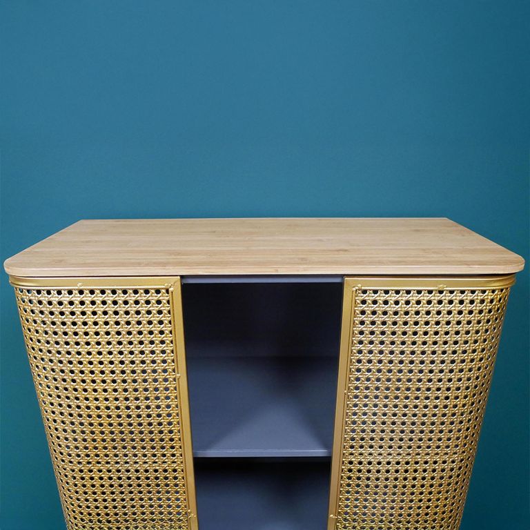 Display Cabinet - Industrial - Gold Metal and Rattan - 2 Door