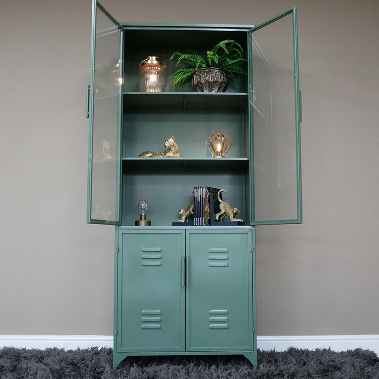 Display Cabinet - 4 Door - Green Metal - Industrial