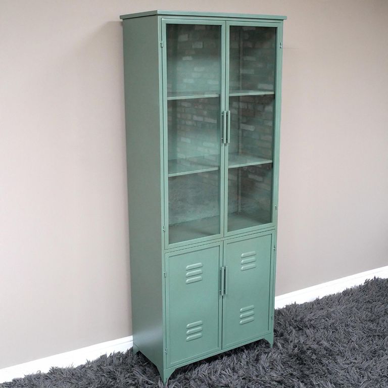 Display Cabinet - 4 Door - Green Metal - Industrial