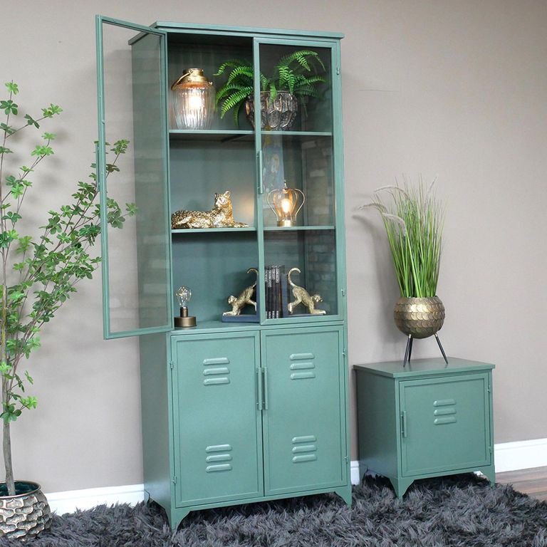 Display Cabinet - 4 Door - Green Metal - Industrial