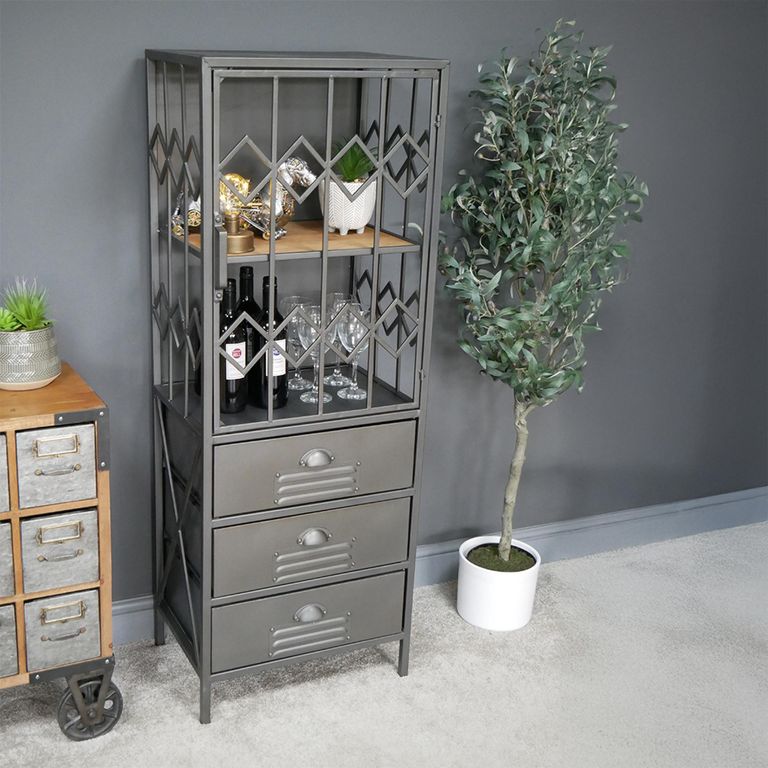 Display Cabinet - Industrial - Grey Metal - 1 Door - 3 Drawer