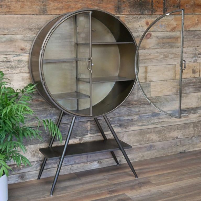 Display Cabinet - Industrial - Grey Metal - Round - 2 Glass Doors