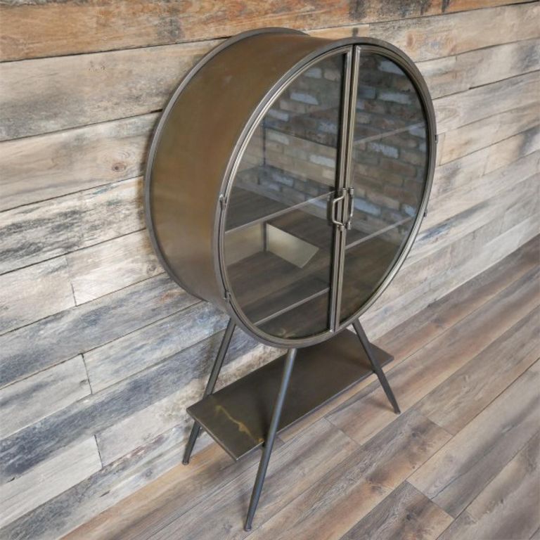Display Cabinet - Industrial - Grey Metal - Round - 2 Glass Doors