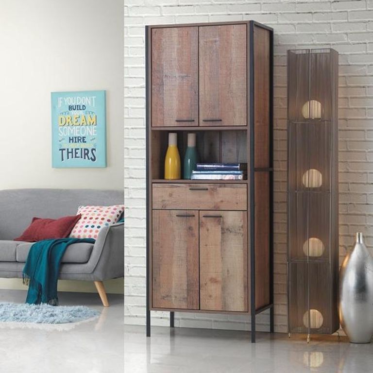 Industrial Rustic Oak Effect Tall Storage Cabinet