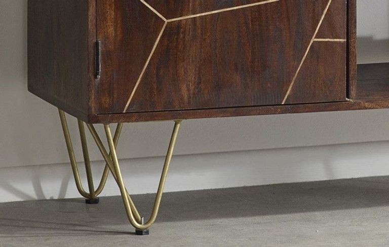 Kaza Dark Mango Wood Display Cabinet - Hairpin Legs with Gold Geometric Inlay