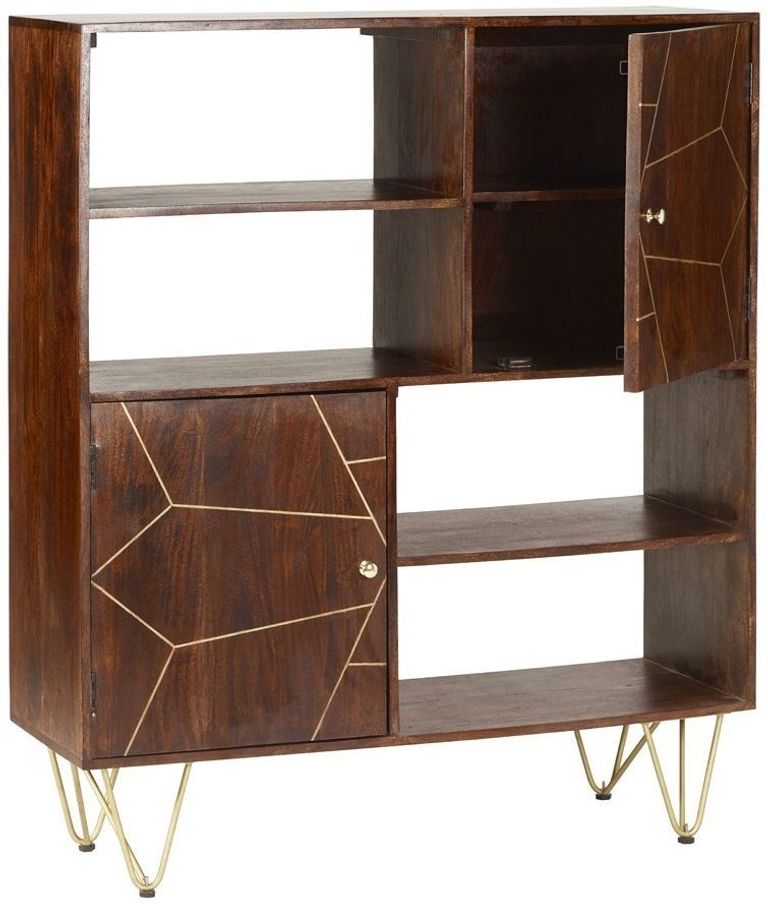 Kaza Dark Mango Wood Display Cabinet - Hairpin Legs with Gold Geometric Inlay