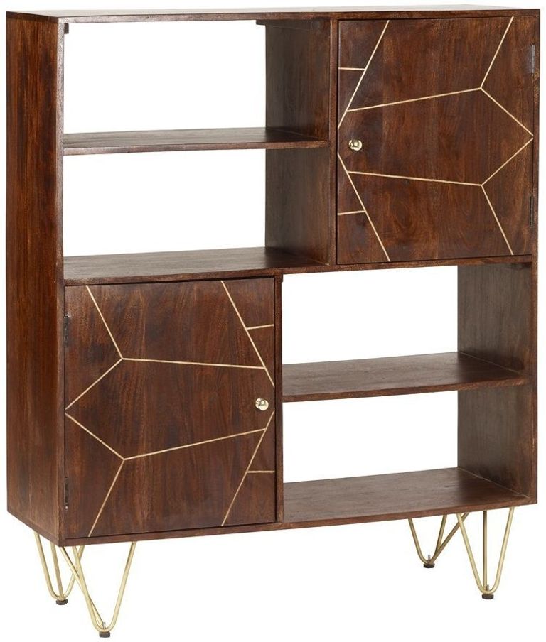 Kaza Dark Mango Wood Display Cabinet - Hairpin Legs with Gold Geometric Inlay