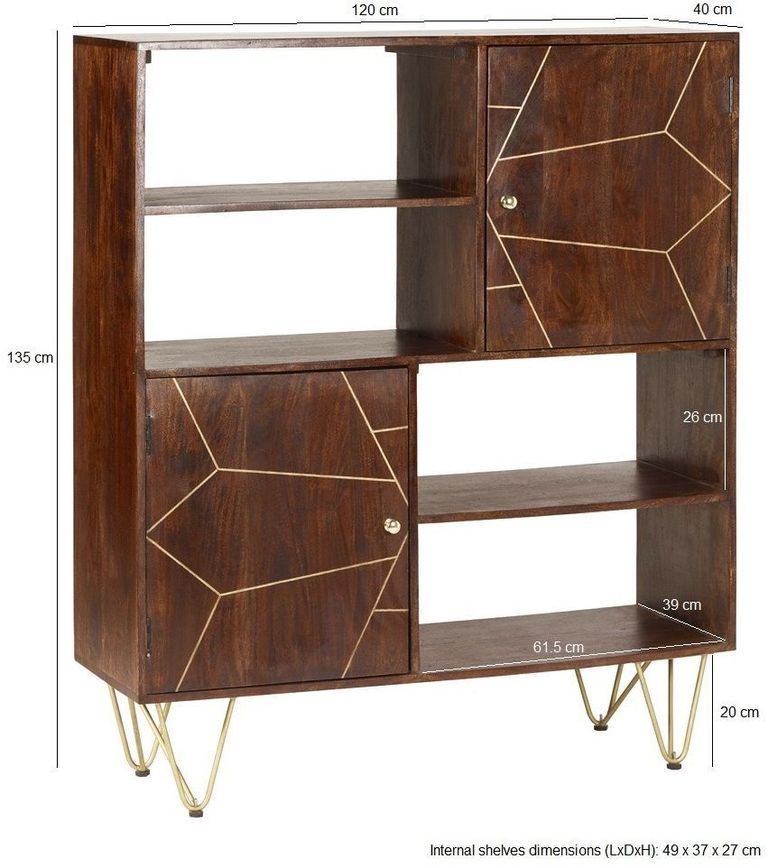 Kaza Dark Mango Wood Display Cabinet - Hairpin Legs with Gold Geometric Inlay